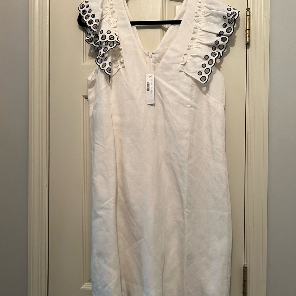 JCrew Elegant White Linen Ruffle Sleeve Dress in Size 10 NWT